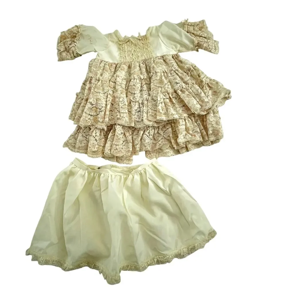 Vintage Baptism Christening Infant Gown Detachable Train w/ Veil Ivory Doll